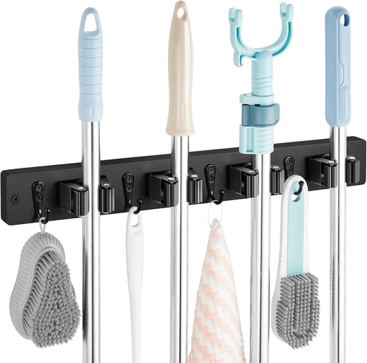 Black Mop Broom Holder Wall Mount with 4 Slots & 4 Hooks - Rustic Wood Broom Mop Hanger for Pantry Closet Laundry Room Organization - Heavy Duty Garden Tool Organizer - Black Kitchen Decor