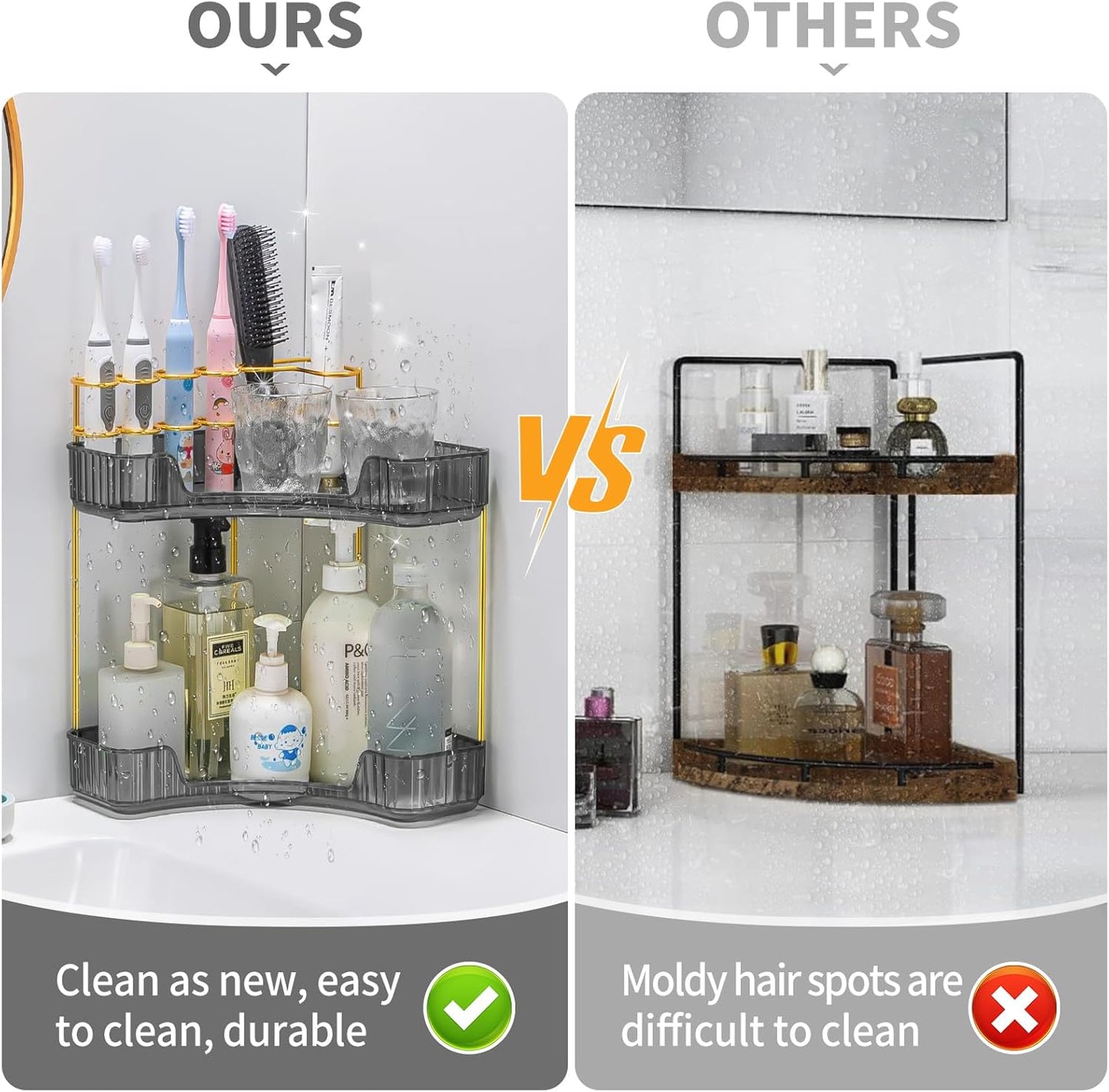 Upgraded 2-Tier Corner Bathroom Countertop Organizer – Spacious Storage for Makeup, Skincare & Perfumes, Built-in Brush Holder Fits Vanity/Dresser/Bsthtub (Slate Gray)