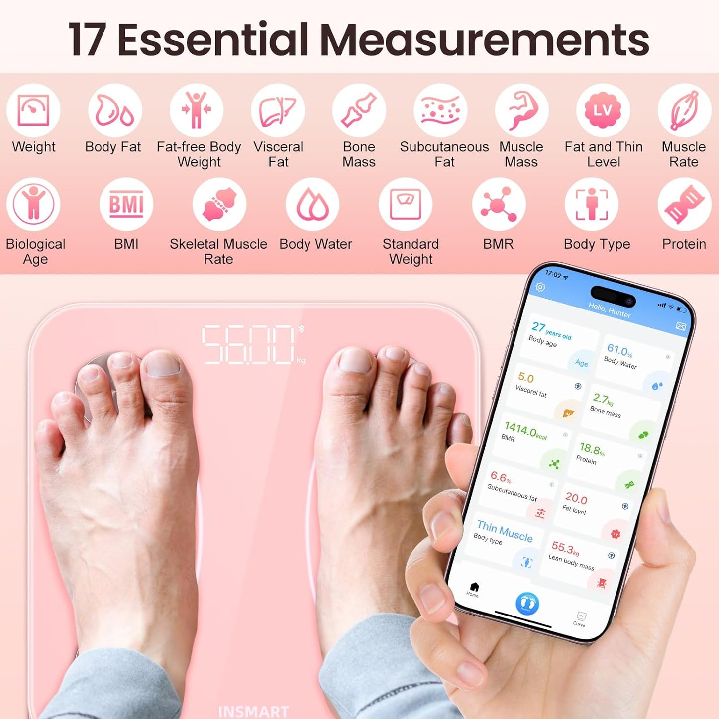 INSMART Smart Scale for Body Weight, Digital Bathroom Scale with BMI, Muscle Mass, Bluetooth Body Fat Scale,17 Body Composition Analyzer with Smart APP Sync Weight Scale, 400 lbs - Pink