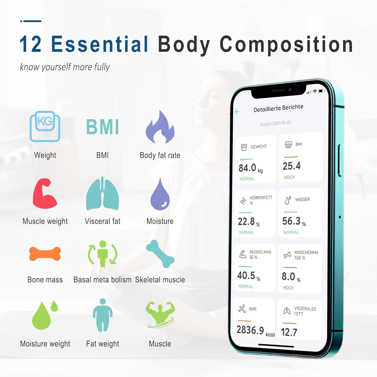 BalanceFrom Smart Scale for Body Weight Digital Bathroom Bluetooth BMI Body Fat Scale with 12 Body Composition Analyzer, Tempered Glass Weighing Scale LED Display Sync with Apps, 400lbs