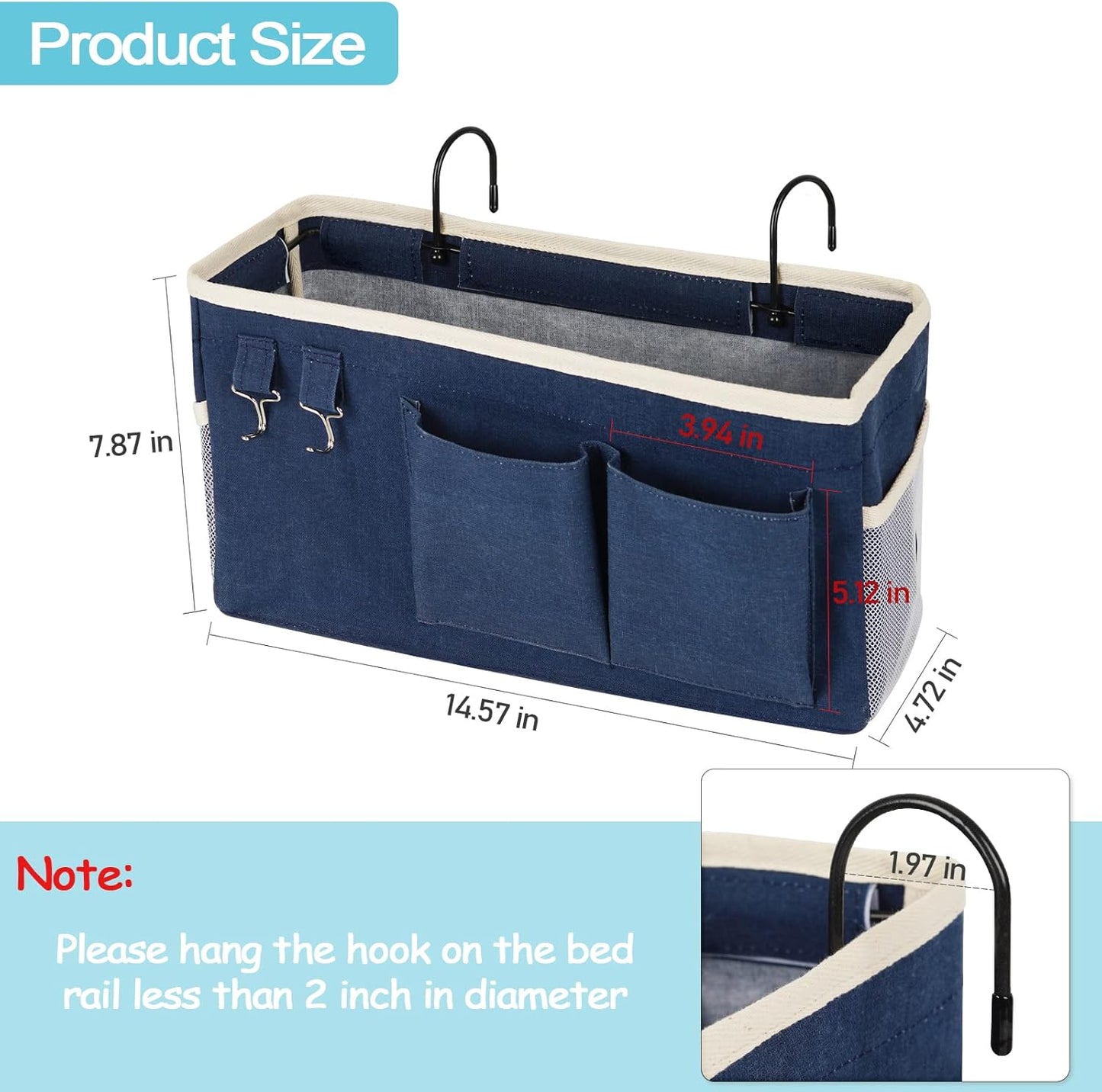 Loghot Bedside Caddy/Bedside Storage Bag Hanging Organizer for Bunk and Hospital Beds,Dorm Rooms Bed Rails,Can be Placed Glasses,Books,Mobile Phones,Keys (2pc Navy Blue)