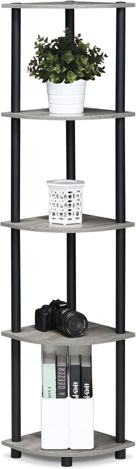 Furinno TURN-N-TUBE Corner Shelf Set of 2, 5-Tier Corner Bookshelf, Open Storage Shelves, for Organization and Storage, Living Room, Home Office, Garage, French Oak