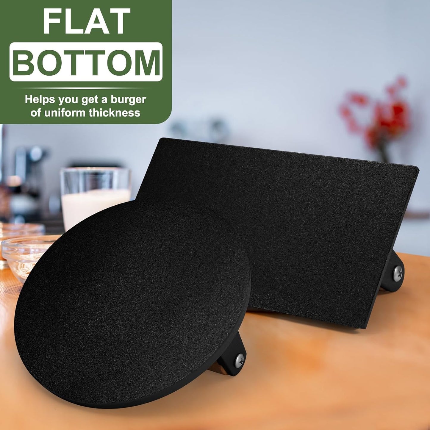 EWFEN Cast Iron Smash Bacon Press Meat Steak with Wood Handle, Burger Press(Round & Rectangle with Flat Bottom)