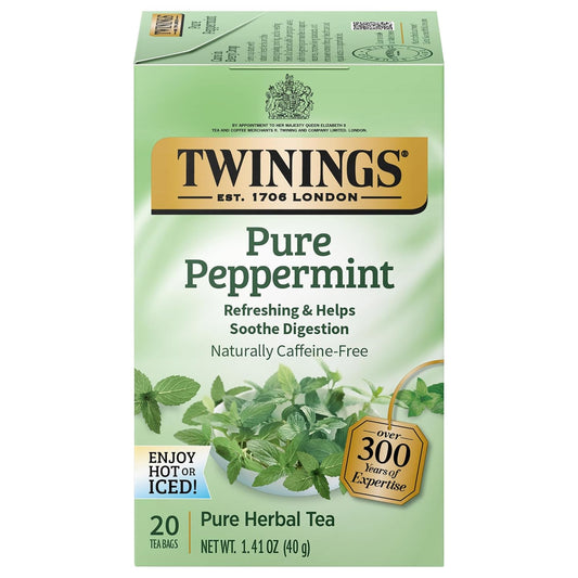 Twinings Pure Peppermint Herbal Tea Individually Wrapped Bags, 20 Count (Pack of 1), Fresh Minty Flavour, Naturally Caffeine-Free, Enjoy Hot or Iced, 20 Teabags