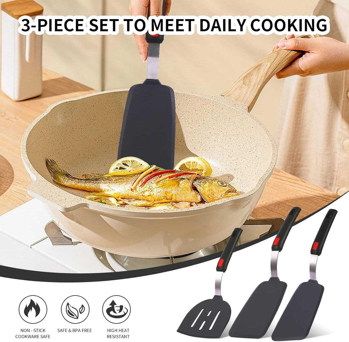 Silicone Spatula Turner Set Large And Thin Flipper Spatulas Heat Resistant 600 ° F Slotted Flexible Turner Cooking Utensils For Nonstick Cookware Egg,Pancake,Fish,Omelette,Hamburger (3 Pack)