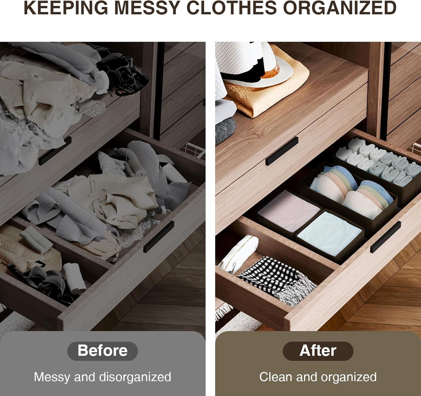 DIMJ Drawer Organizer Clothes, Underwear Drawer Organizer, Set of 4 Foldable Closet Drawer Bins, Fabric Drawer Dividers for Baby Clothes, Socks, Belt, Tie (Brown)