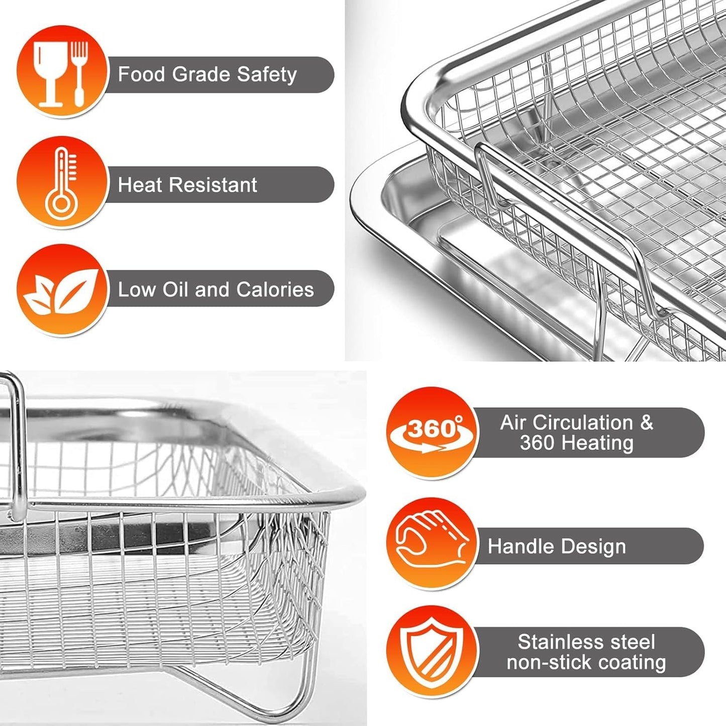 Air Fryer Basket for Oven,2 Pieces 11.8'' * 8.8'' Non-stick Stainless Steel Mesh Grill Basket Air Fryer Baking Tray Accessories Rack Roasting Basket for Convection Oven with Air Fryer, Dishwasher Safe