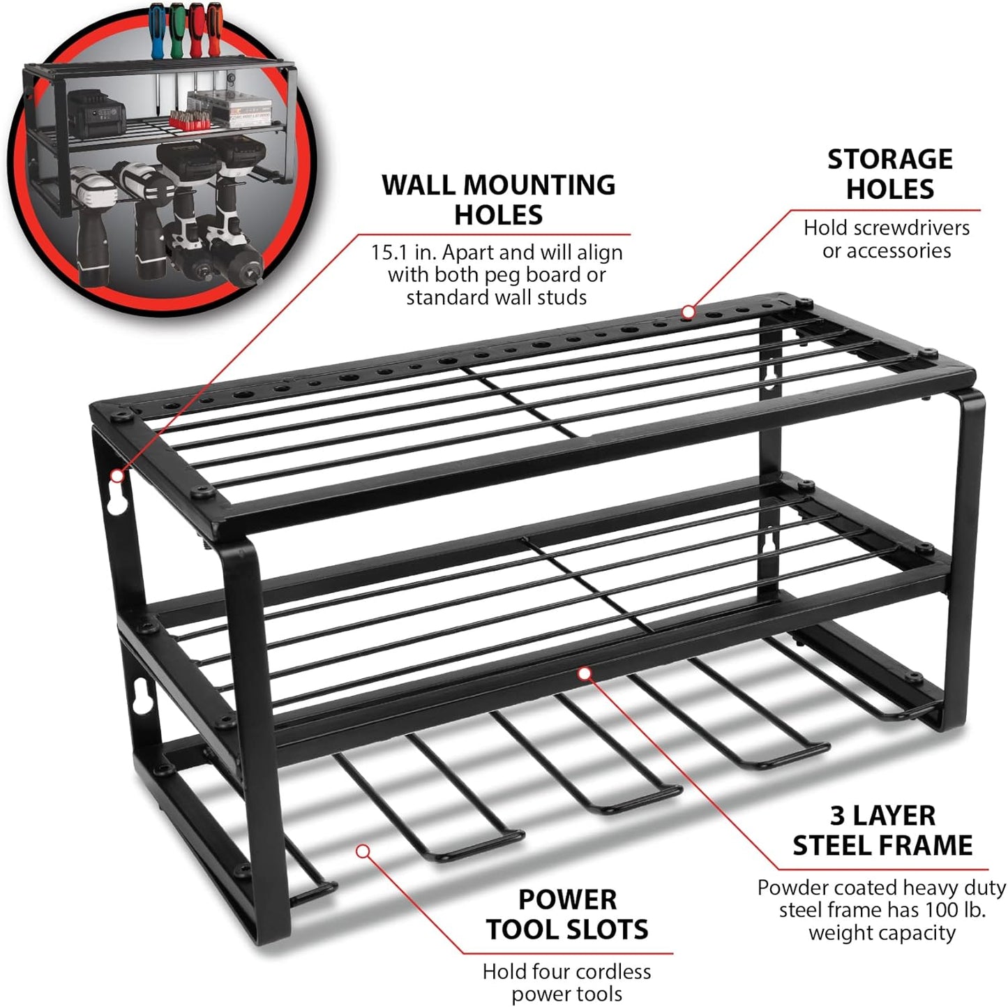 Performance Tool W7701 Power Tool Organizer Wall Mount - Hand Tool Storage Racks, Utility Racks, Drill Holder & More - 3 Tier Sturdy Iron 16" Cordless Tool Organizers