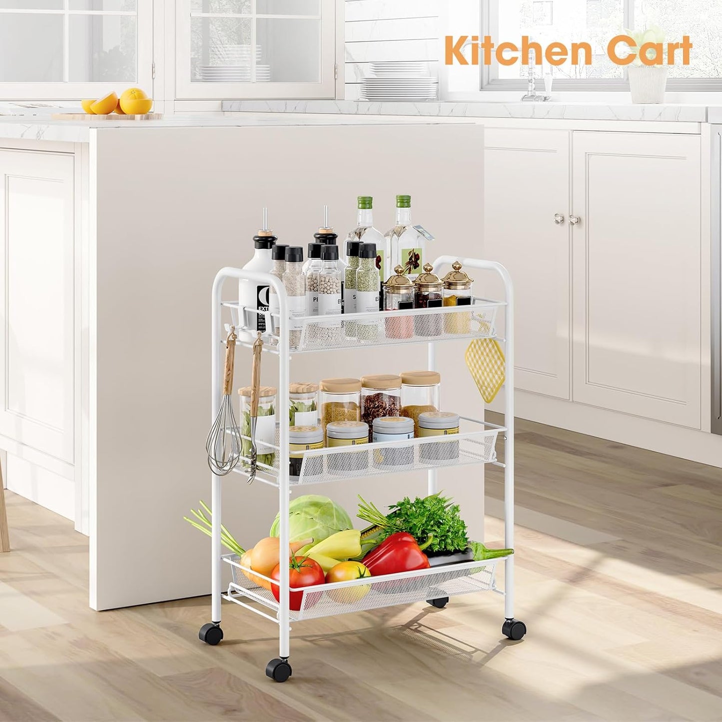 TOOLF 3-Tier Metal Rolling Cart, Mesh Wire Easy Assemble Utility Cart, Storage Trolley on Wheels with 3 Hooks, MetalStorage Shelving Units for Kitchen Bathroom Laundry Room