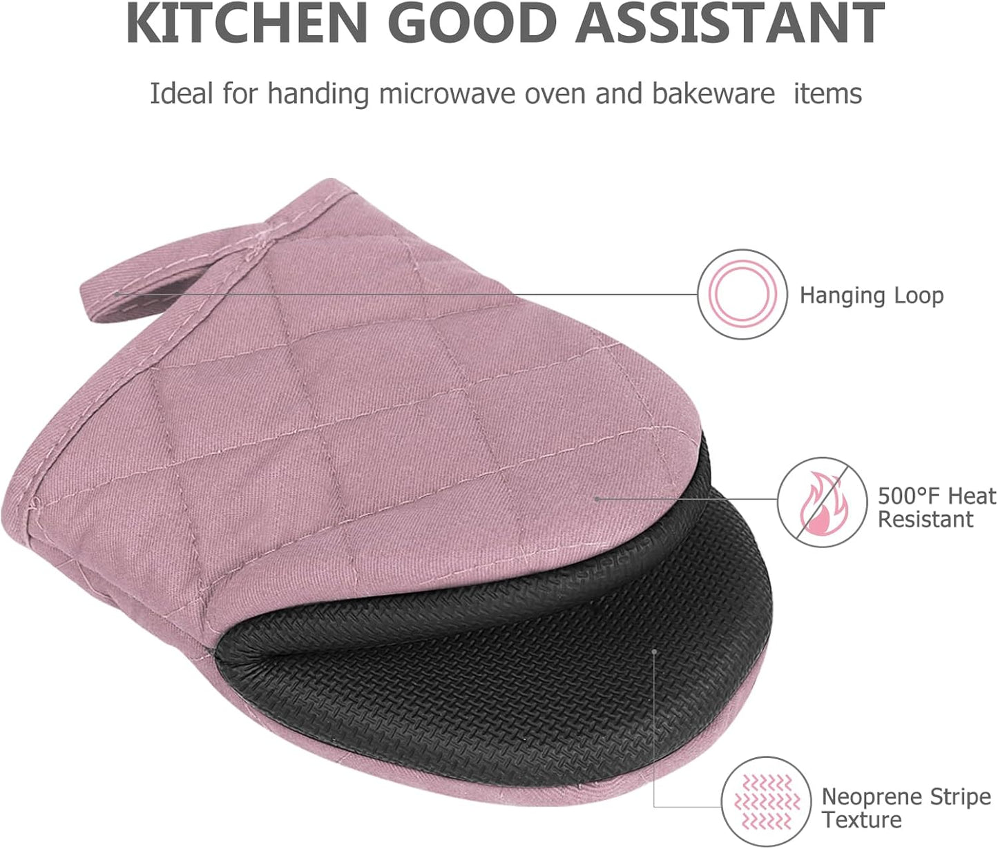1 Pair Short Oven Mitts - Silicone Kitchen Oven Gloves High Heat Resistant 500℉, Mini Oven Mits with Non-Slip Grip Surfaces and Hanging Loop for BBQ, Baking, Cooking and Grilling (Pink)