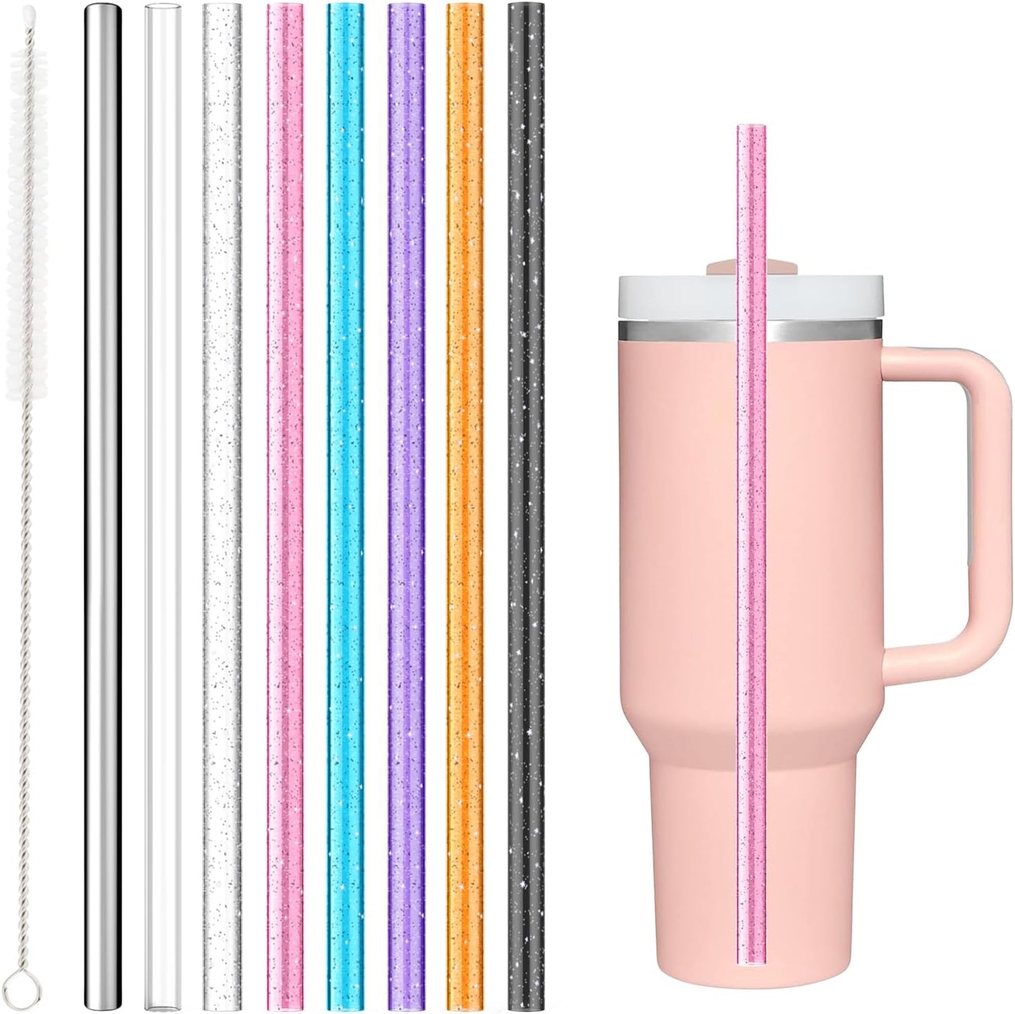 8PCS Color Replacement Straws for Stanley Owala Simple Modern, Alwenid Reusable Glitter Clear Stainless Steel Straws Accessories for Tumbler Mug Cup, BPA Free and Dishwasher Safe(7*Tritan+1*Metal)
