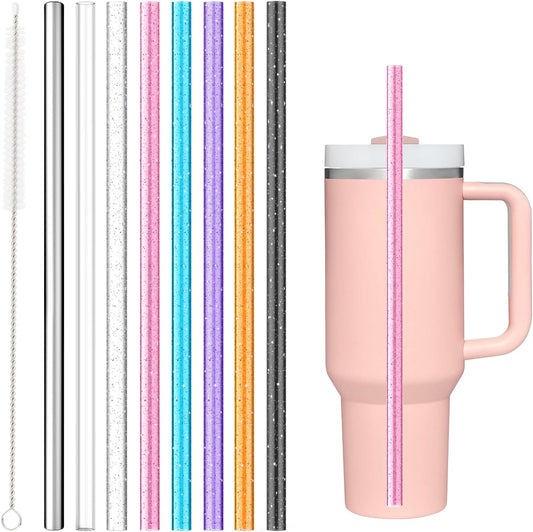 8PCS Color Replacement Straws for Stanley Owala Simple Modern, Alwenid Reusable Glitter Clear Stainless Steel Straws Accessories for Tumbler Mug Cup, BPA Free and Dishwasher Safe(7*Tritan+1*Metal)