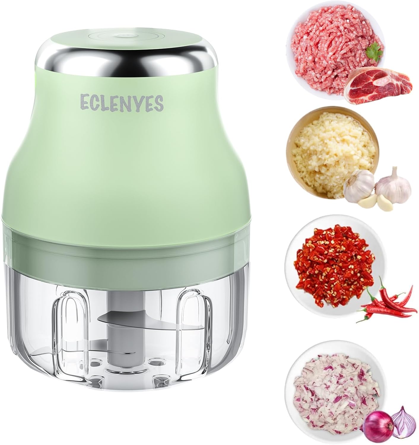 Vegetable Chopper, 100ML Electric Garlic Chopper, Rechargeable Mini Blender, Powerful Small Food Processor, Blender to Vegetable, Wireless Food Cutter for Ginger, Chili, Fruit, Meat, etc（Green）