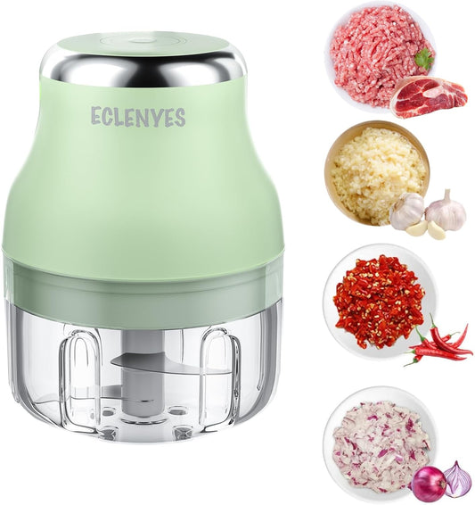 Vegetable Chopper, 100ML Electric Garlic Chopper, Rechargeable Mini Blender, Powerful Small Food Processor, Blender to Vegetable, Wireless Food Cutter for Ginger, Chili, Fruit, Meat, etc（Green）