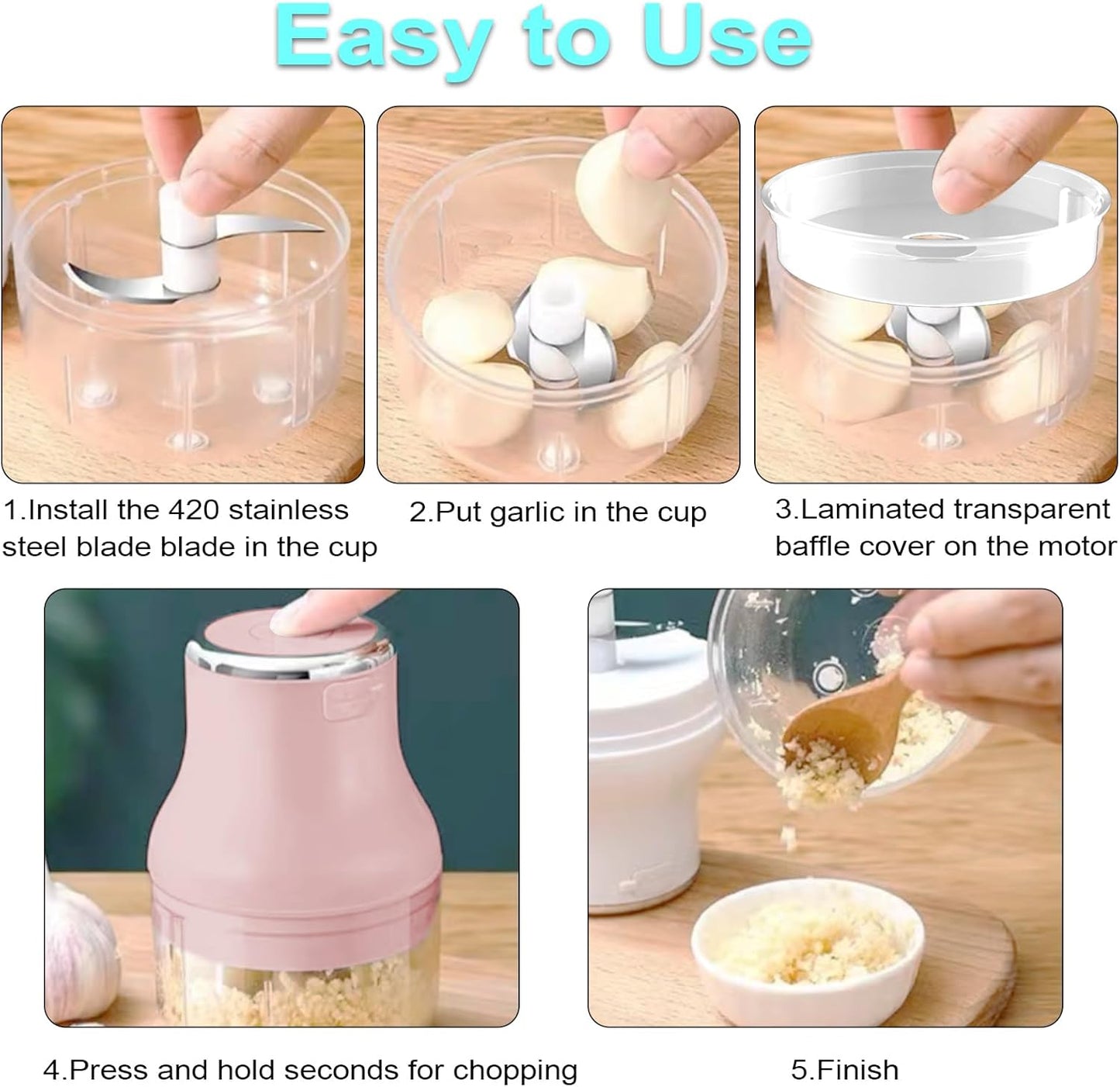 Vegetable Chopper, 100ML Electric Garlic Chopper, Rechargeable Mini Blender, Powerful Small Food Processor, Blender to Vegetable, Wireless Food Cutter for Ginger, Chili, Fruit, Meat, etc（Pink）