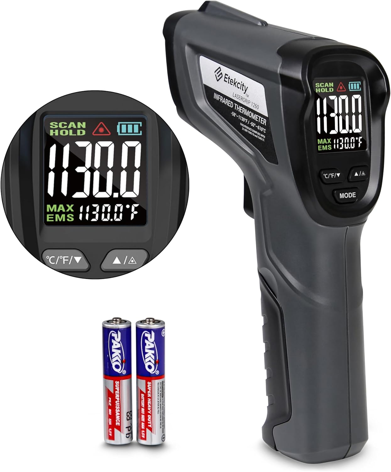 Etekcity Temperature Gun Infrared Thermometer -58°F 1130°F, Digital Laser Heat Gun with Adjustable Emissivity & Max Measure for Pizza Ovens, Griddles, Meat, Refrigerators, Engine, HVAC, Kitchen & Pool