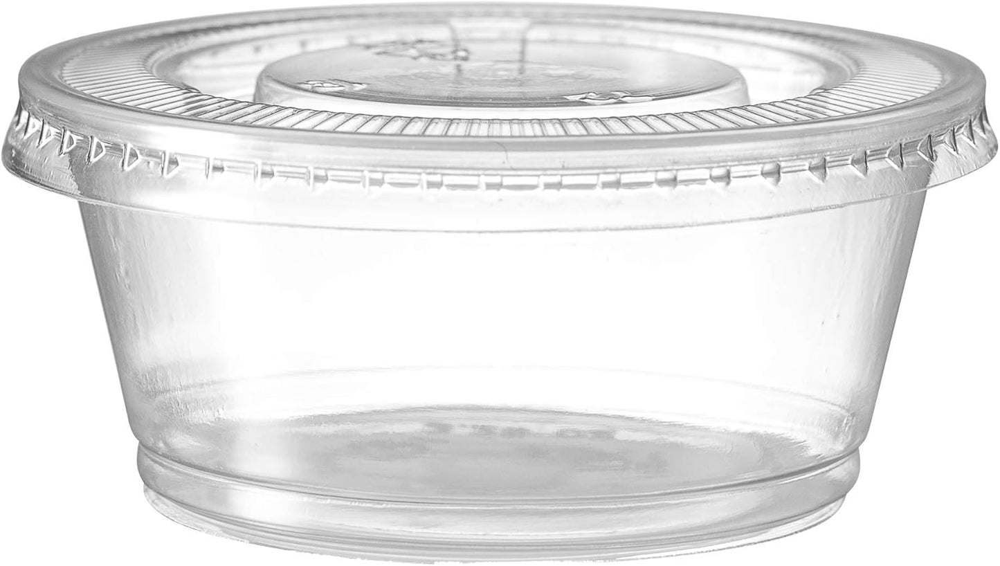 Portion Cups with Lids (3.25 Ounces, 200 Pack) | Disposable Plastic Cups for Meal Prep, Portion Control, Salad Dressing, & Medicine | Small Plastic Condiment Container