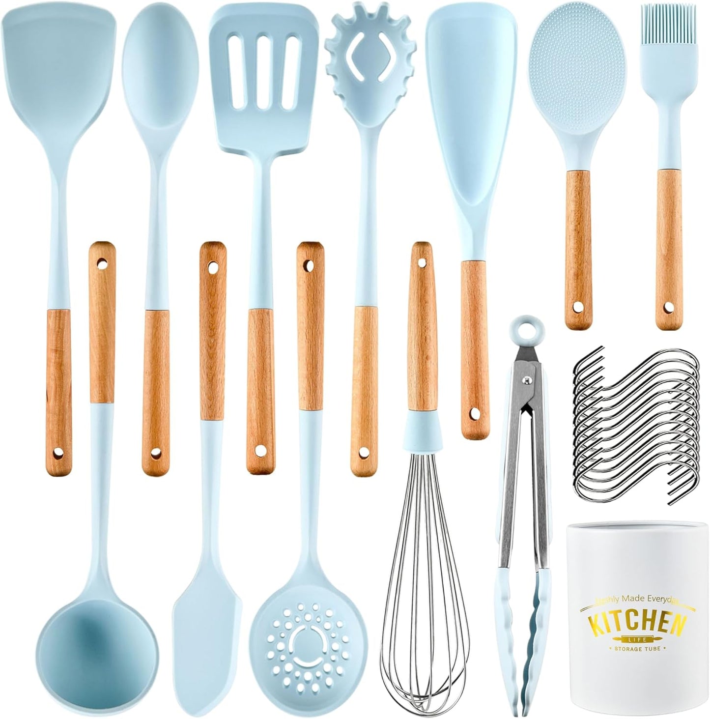 Kitchen Cooking Utensils Set, 13 Piece Wooden Handle Silicone Cookware Set with Stand,Nonstick Heat Resistant Silicone Tool Set - Morandi Blue（ BPA Free）