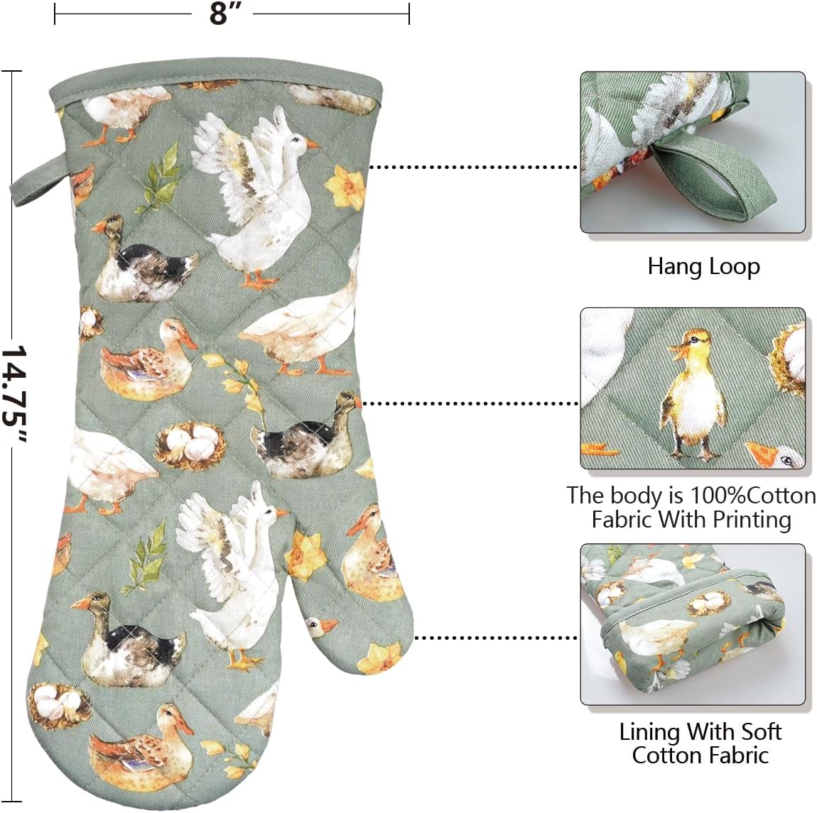 Oven Mitts Cotton Fashion Cute Teal Design 1pair Heat Resistant Oven Gloves Safe Cooking Baking Grilling Barbecue Machine Washable Pot Holders (Teal)