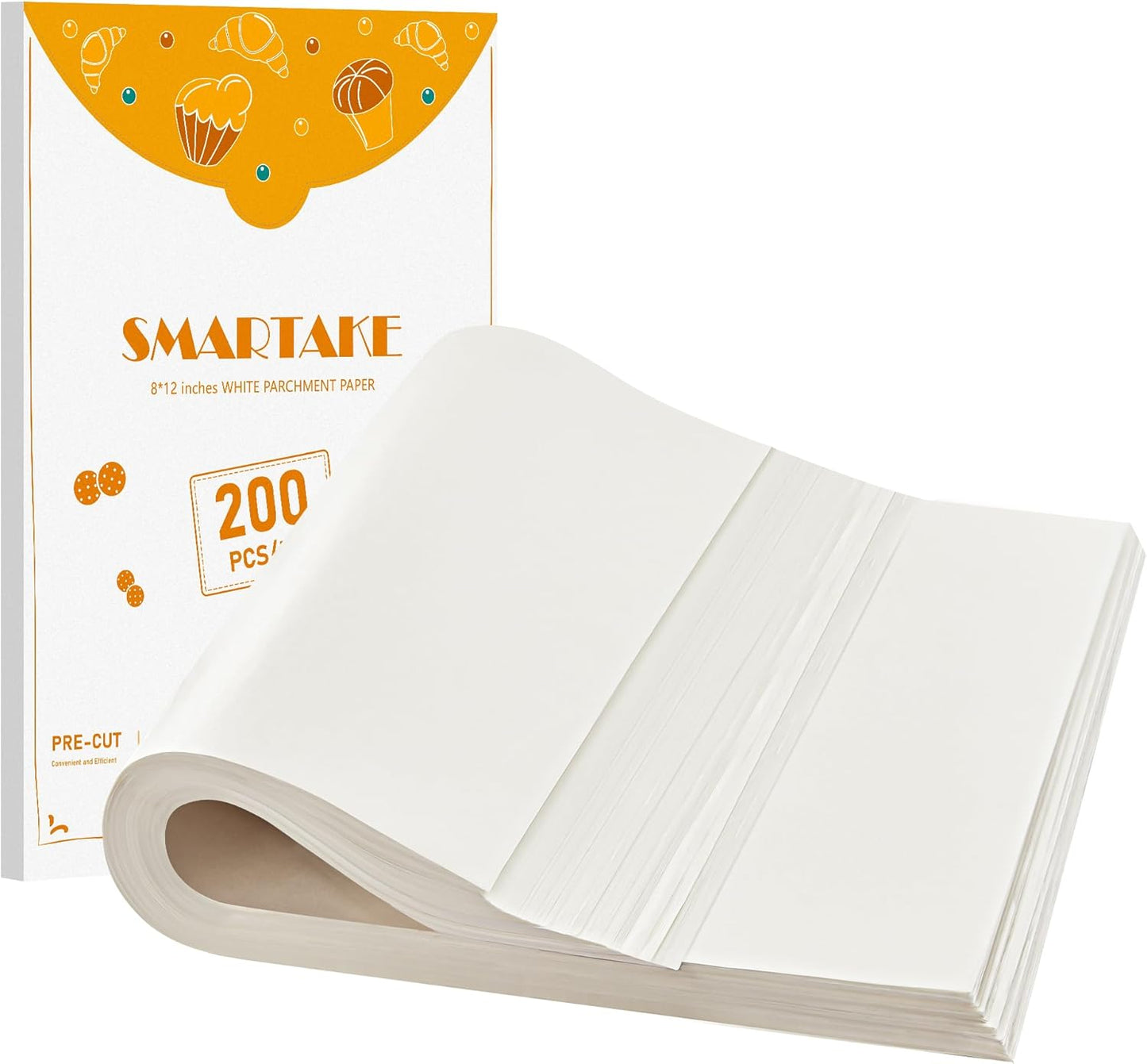 SMARTAKE 200 Pcs Parchment Paper Baking Sheets, 8x12 Inch Non-Stick Precut Baking Parchment, Suitable for Baking Grilling Air Fryer Steaming Bread Cup Cake Cookie and More (White)