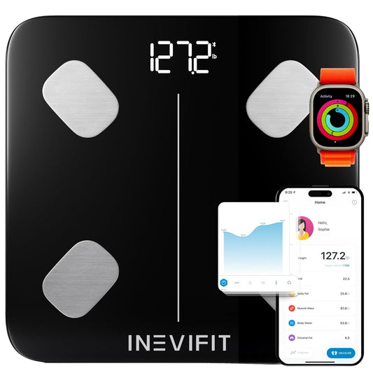INEVIFIT Smart Body Fat Scale, Highly Accurate Bluetooth Digital Bathroom Body Composition Analyzer, Measures Weight, Body Fat, Water, Muscle, Visceral Fat & Bone Mass for Unlimited Users (Eco-Blk)