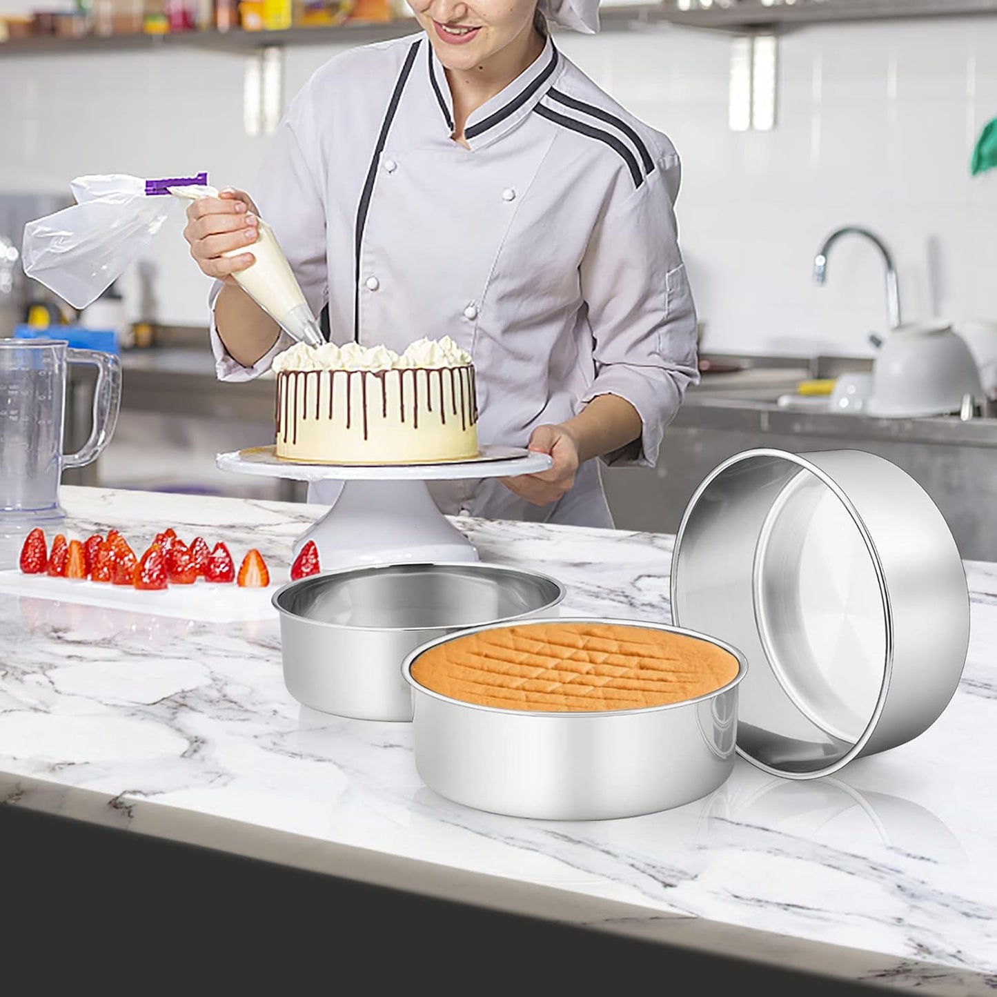 TeamFar Cake Pans, 8 Inch Stainless Steel Round Tier Baking Cake Pan for Birthday Wedding Anniversary Party Cake, Non-Toxic & Sturdy, 3 Inch Deep & Straight Side, Dishwasher Safe-Set of 3