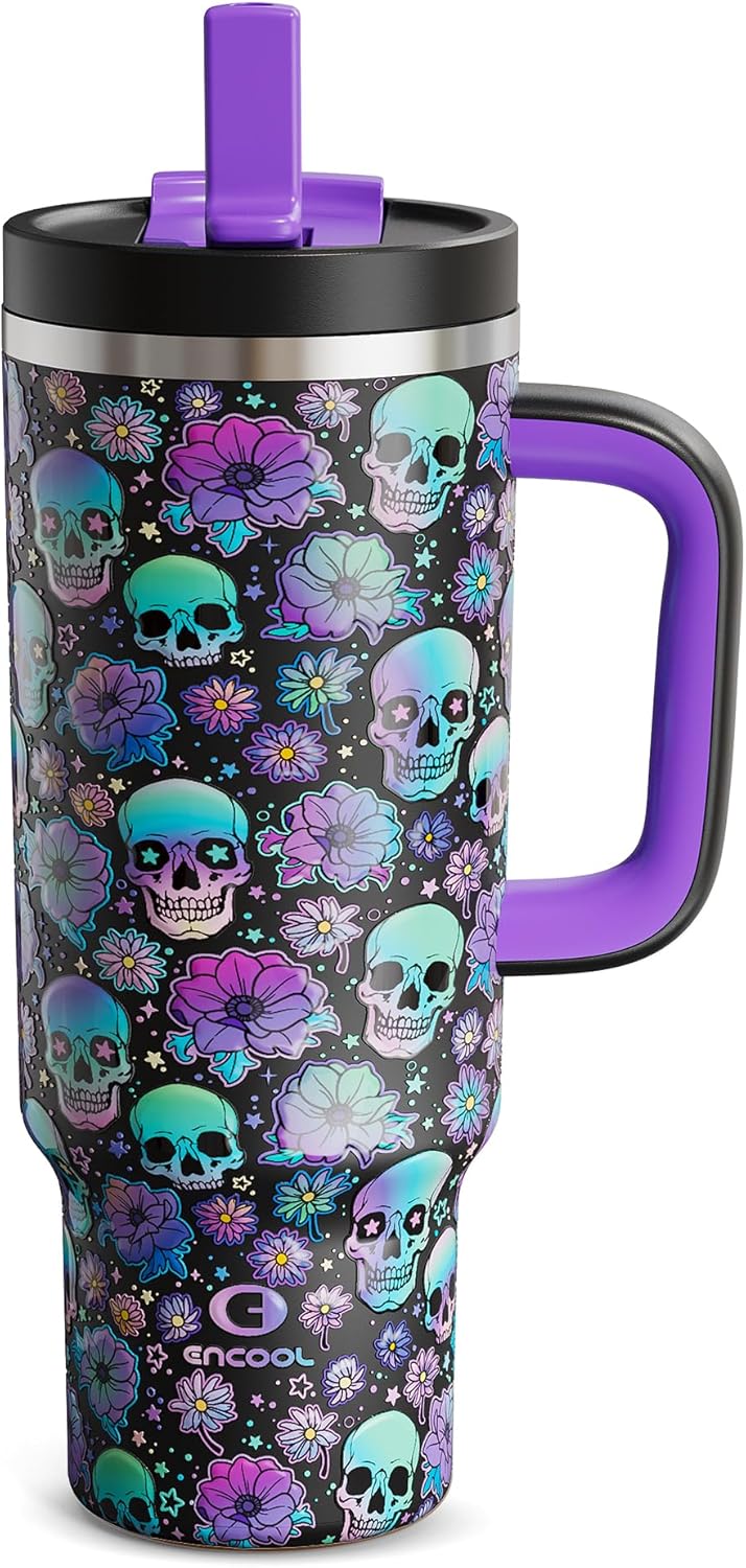 ENCOOL 40oz Halloween Tumbler with Handle and Straw, Stainless Steel Insulated Water Bottle with Straw, Leak-Proof, Cup Holder Friendly, Keeps Cold 24 H, Gifts for Women Men, Floral Afterlife