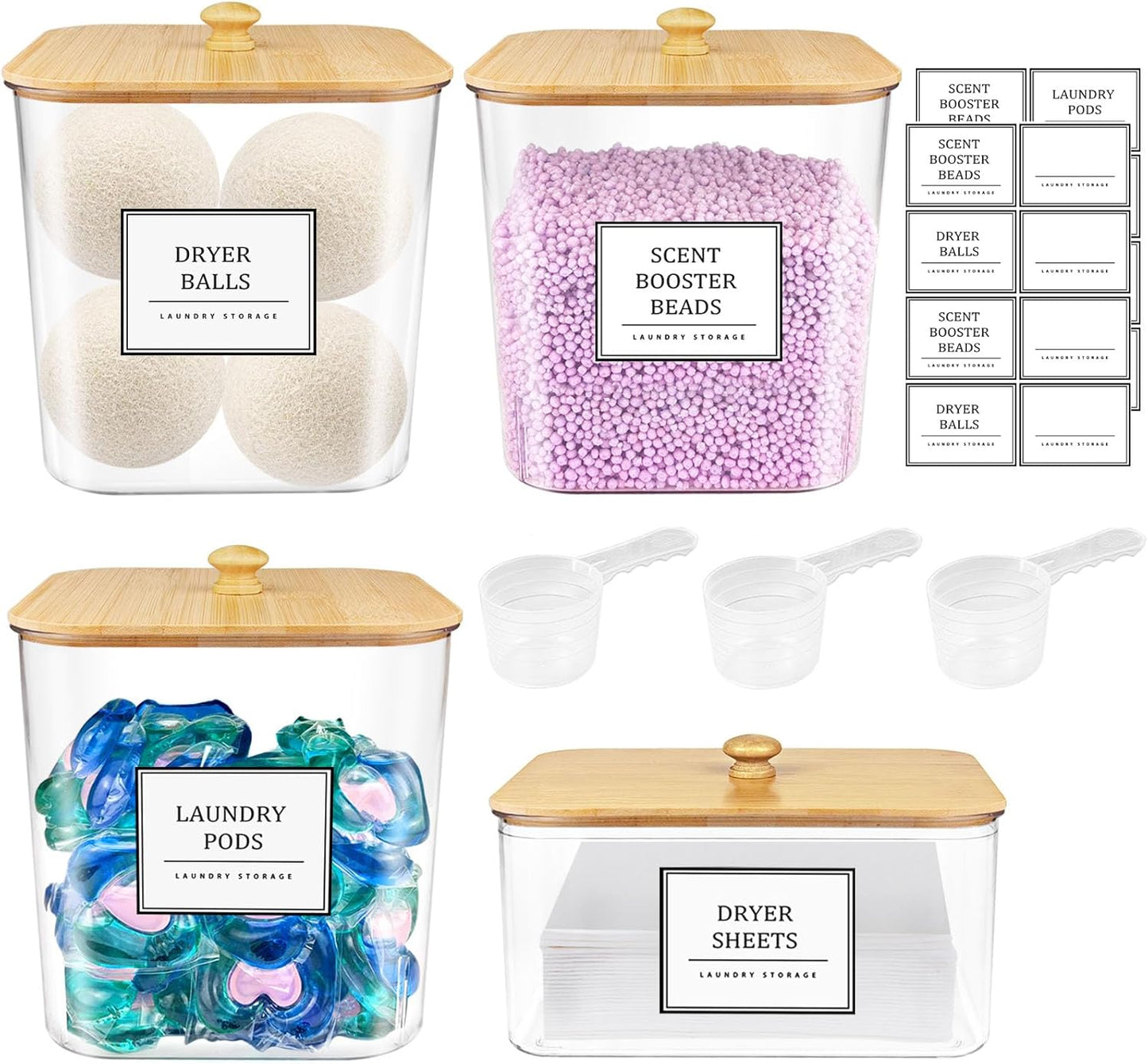 Laundry Pods Storage Container, Clear Laundry Room Organization and Storage ,Detergent Powder Container,with Wooden Lids & Labels, 3+1 Pack