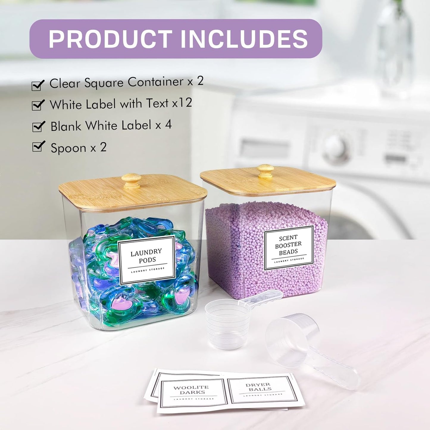 2 Pack Laundry Pods Container,Laundry Room Organization and Storage Containers with Wooden Lids & Labels Large Laundry Detergent Container for Powder,Scent Booster,Pods,Dryer Ball