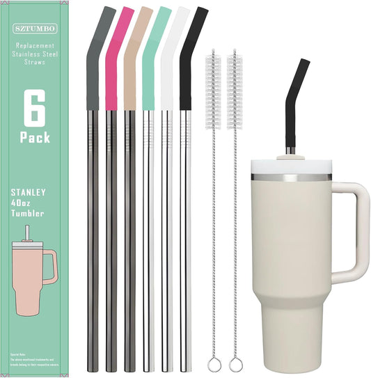 6 PCS 12Inch Metal Stainless Steel Reusable Straight Straw,with 6 Silicone Flex Tips and 2 Cleaning Brush,for 40oz Stanley, Hydrapeak, Owala Tumbler,Simple Modern 32 40oz Tumbler(8mm 3B3S)