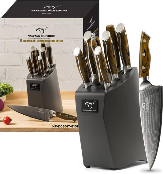 Kitchen Damascus Knife Set, 9-Piece Kitchen Knife Set with Block, Non-slip G10 Ergonomic Triple Rivet Handle for Chef Knives, Knife Sharpener and Kitchen Shears, Natural Wood Block (Brown/Grey)