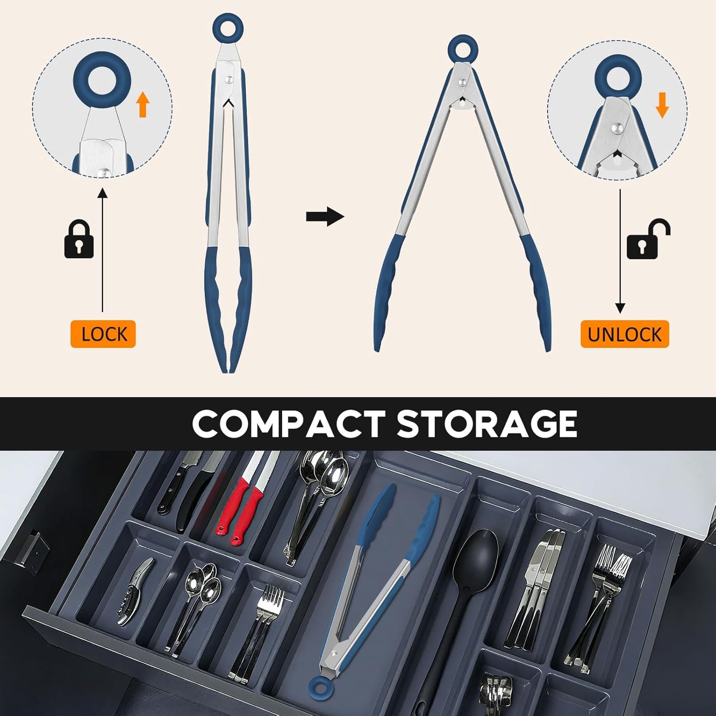 Kitchen Tongs, Set of 3 Stainless Steel Tongs with Silicone Tips Locking Cooking Tongs 600ºF Heat Resistant Tong for Cooking BBQ Grilling Air Fryer Serving Food Salads, 7"+9"+12" Classic Blue