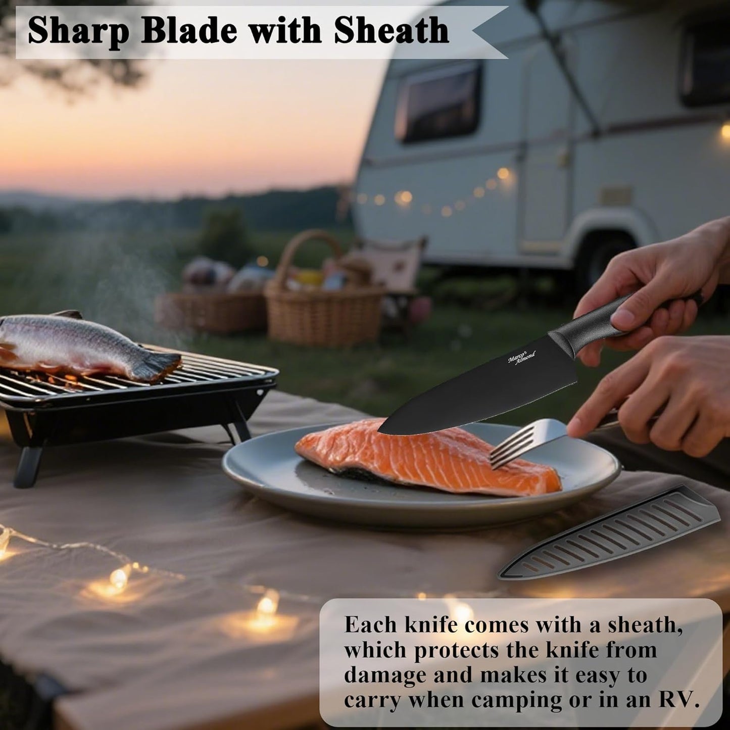 Kitchen Knife Set, KYA38 12-Piece Kitchen Knives Set with Covers, Marco Almond® 6 Knives with 6 Blade Guards, Stainless Steel Cooking Knives Set for Kitchen, Black