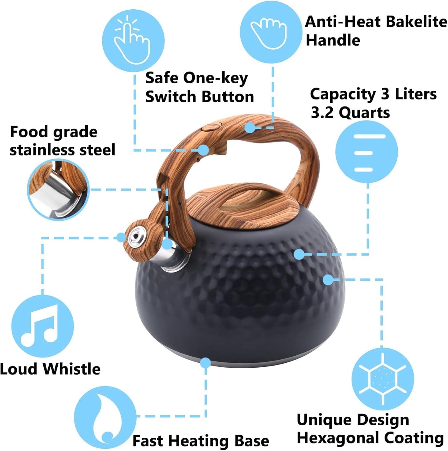 Tea Kettle Stovetop, 3.2 Qt Stainless Steel Whistling Kettle for Stove Top, Food Grade Teapot with Wood Pattern Handle for Coffee, Milk etc, Gas Electric Applicable (Black)