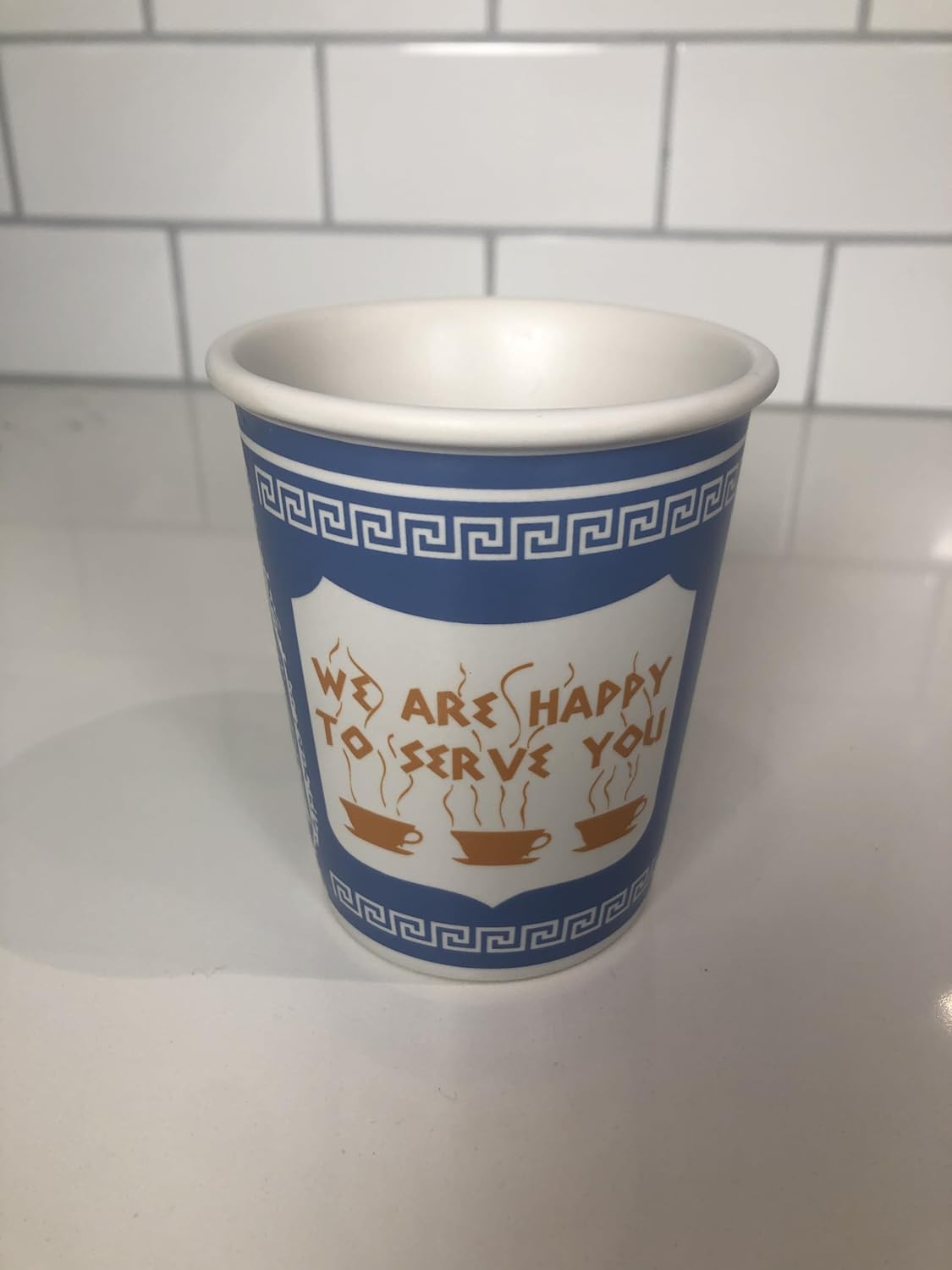 10 oz Ceramic New York City Greek Coffee Cup "We are Happy to Serve You"