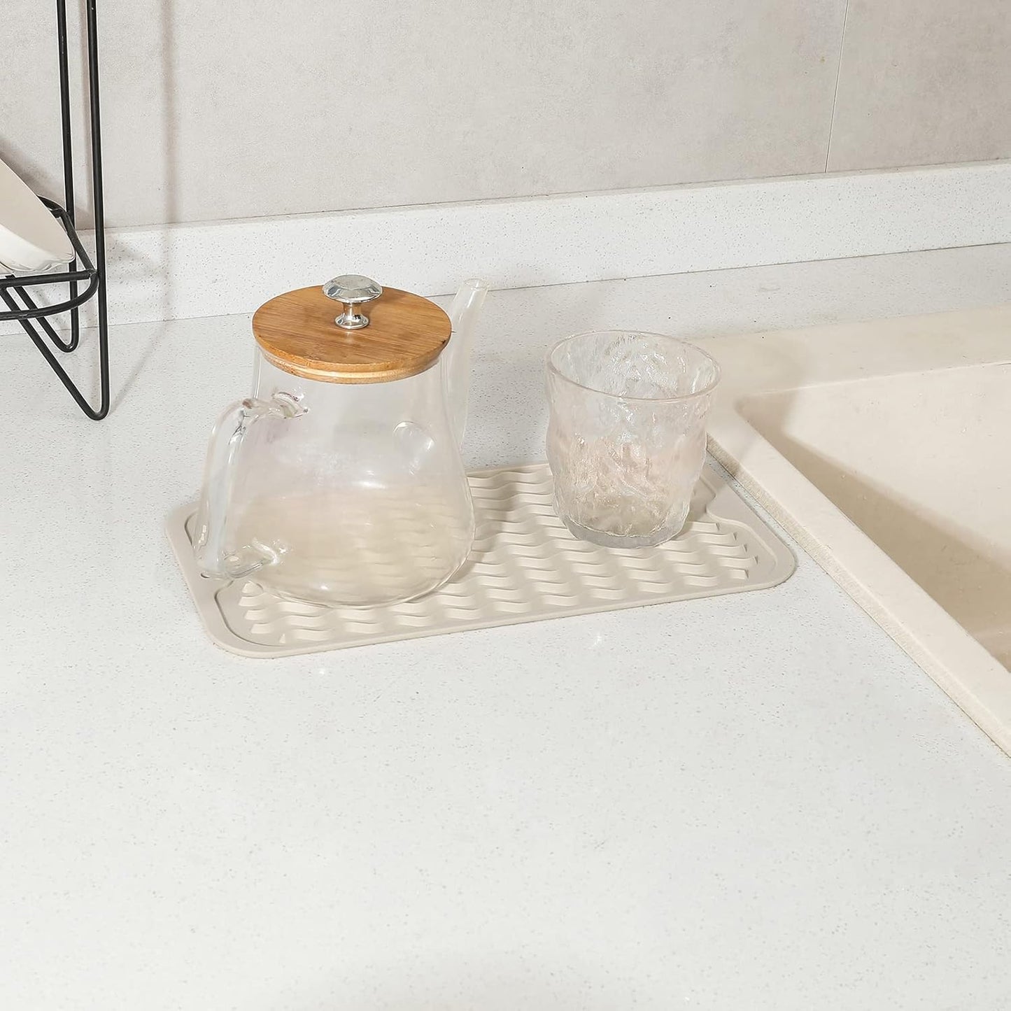 Silicone Dish Drying Mat for Multiple Usage,Easy clean,Eco-friendly,Heat-resistant Silicone Mat for Kitchen Counter or Sink,Refrigerator or Drawer Liner Tapioca S 12 inches x 6 inches