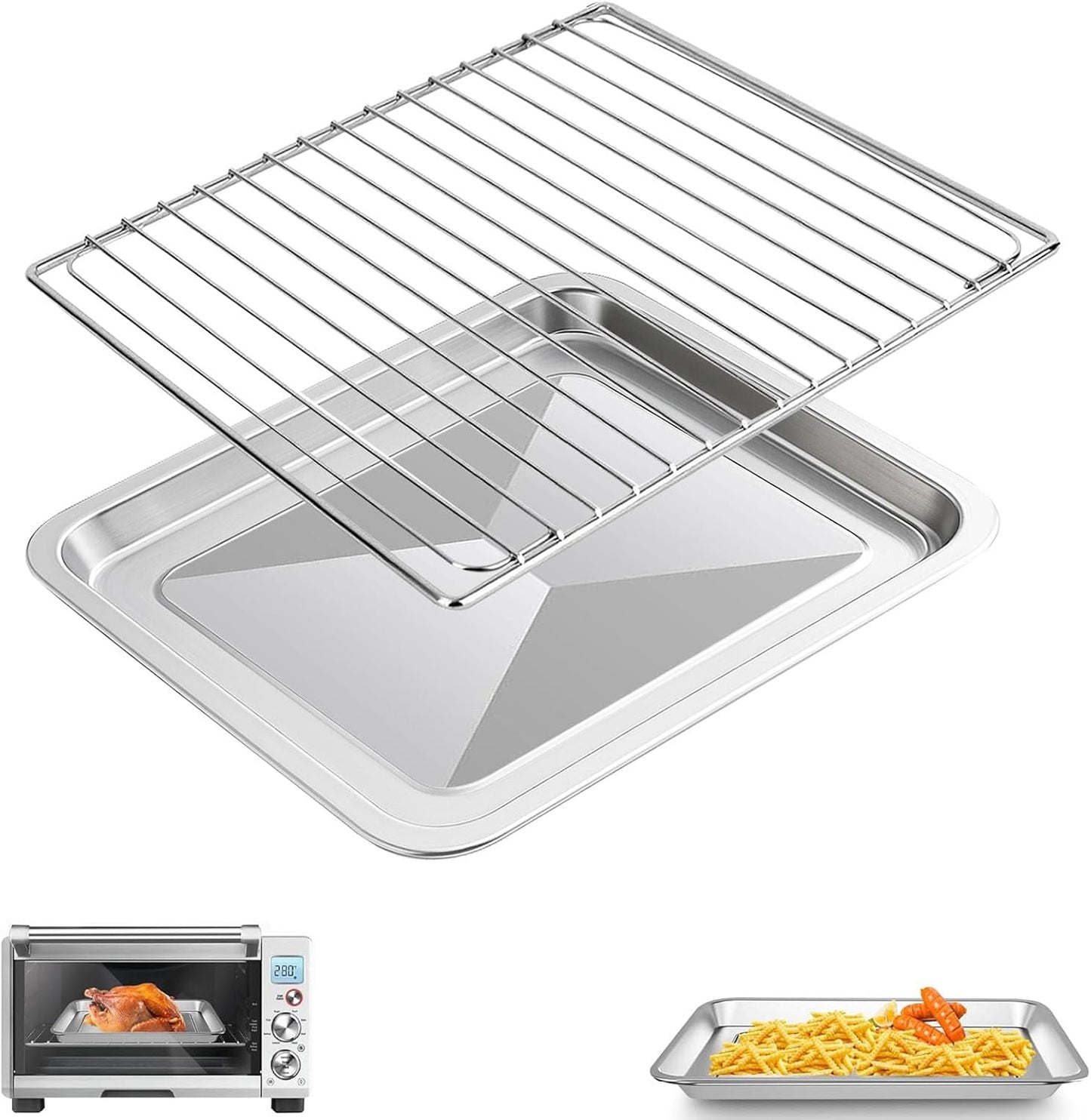 Air Fryer Baking Pan & Grill Rack Set for Breville Countertop Oven BOV845BSS, 14''×11.6''&11.77''×11.77', Nonstick Stainless Steel Set 360°Heating Grilling Oven Accessories for Family Cooking