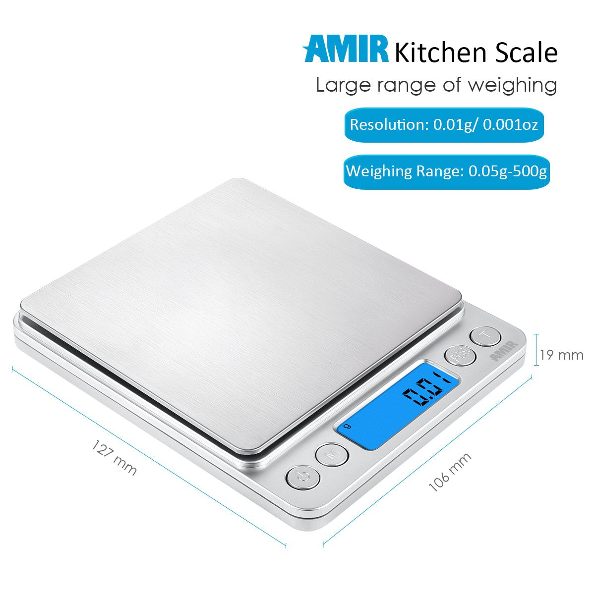 (Upgraded) AMIR Digital Kitchen Scale, 500g Mini Pocket Jewelry Scale, Food Scale, Coffee Scale, Back-Lit LCD Display, 2 Trays, 6 Units, Auto Off, Tare, PCS, Stainless Steel (Batteries Included)
