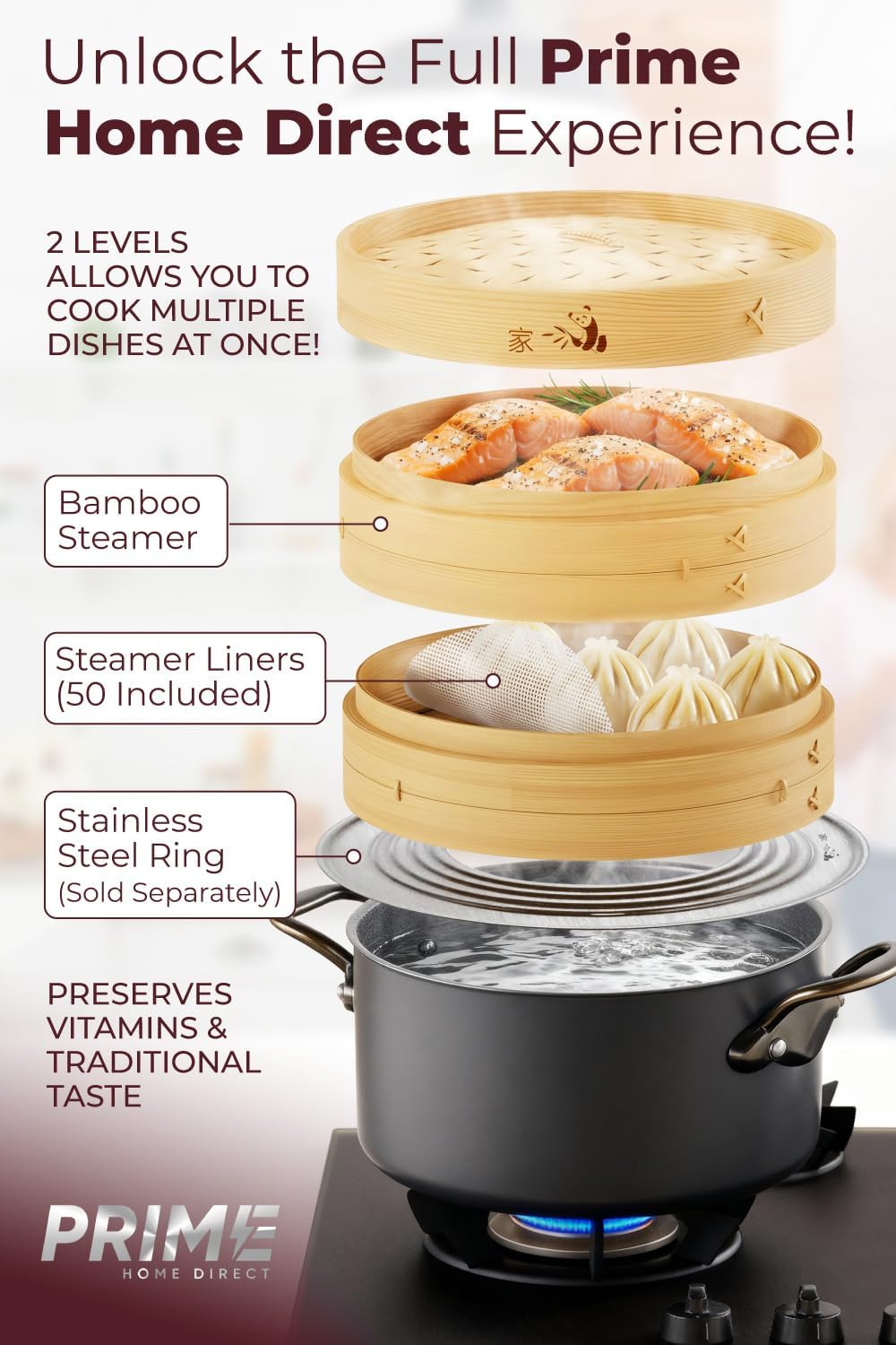 Prime Home Direct Bamboo Steamer Basket 8-Inch | 2-Tier Steamer for Cooking | 50 Liners | Small Instant Steaming Cookware Asian Food, Bao Buns, Chinese, Dim Sum, Dumpling, Rice, Vegetable Steam Pot