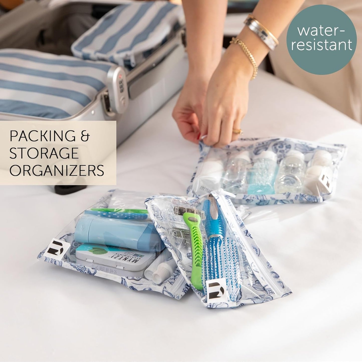 Roamio Travel Bag, Toiletry, TSA Approved Pouch, Zip Quart Size Airline Compliant, Clear-Sided, Baby, Diaper Bag Organization, Makeup, Accessories, Carry On Packing, Set of 3 Sizes, Blue Shells