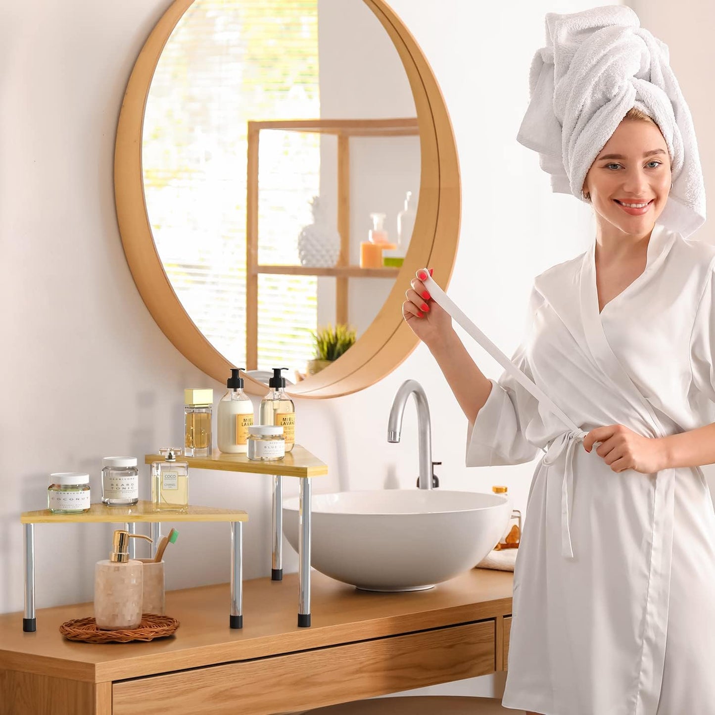 Weenson Bathroom Organizer Countertop Corner Shelf – 2 Tier Bathroom Organization Bamboo Spice Rack Kitchen Countertop Organizer Space Saving Storage Shelves Living Room Office Home Decor