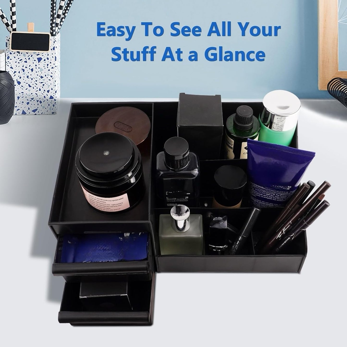 Simbuy Black Cologne Organizer for Men - Large Countertop Organizer with Drawers for Cologne, Perfume, Shaving & Skincare - Bathroom & Vanity Storage, Ideal Gift for Boyfriend, Husband, Dad & Friends