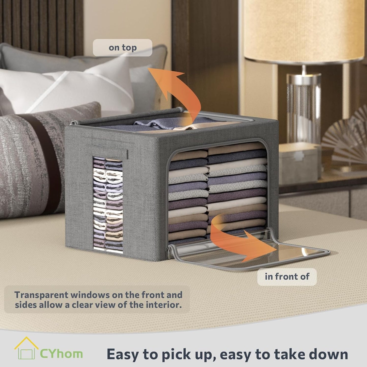 CYhom Clothes Storage Bins Box - Linen Fabric Foldable Stackable Container Organizer Set with Clear Window & Carry Handles & Metal Frame - 2Pack Large Capacity for Bedding, Blankets, Books