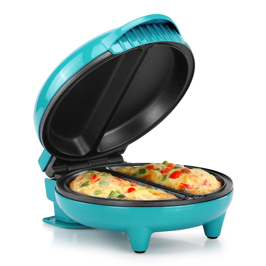 Holstein Housewares Stainless Steel 2 Section Omelet & Frittata Maker, Non Stick Coating, Easy To Clean, Indicator Lights, Compact Storage, Prepare Versatile Recipes in Minutes. 2 Portions, Teal