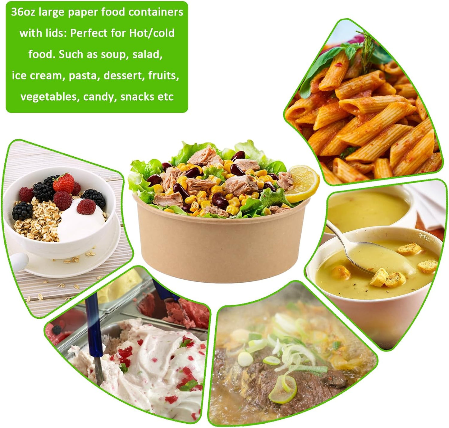 36oz 50 Sets Large Kraft Paper Bowls with Lids, Disposable Bowls with Lids, Paper Salad Bowls, Paper Food Container with Lid Perfect for Hot/Cold Food, Soup, Salad, Ice Cream