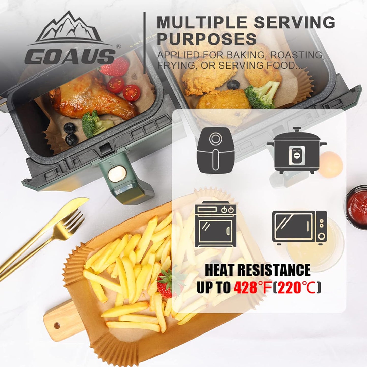 GOAUS Air Fryer 150 Pcs Rectangular Paper Liners Disposable for Dual Air Fryer 2 Baskets 8 to 10 Qt, 8.6x5.5 inches Parchment Paper Rectangle, Fit Ninja DZ201 DZ401 SL401