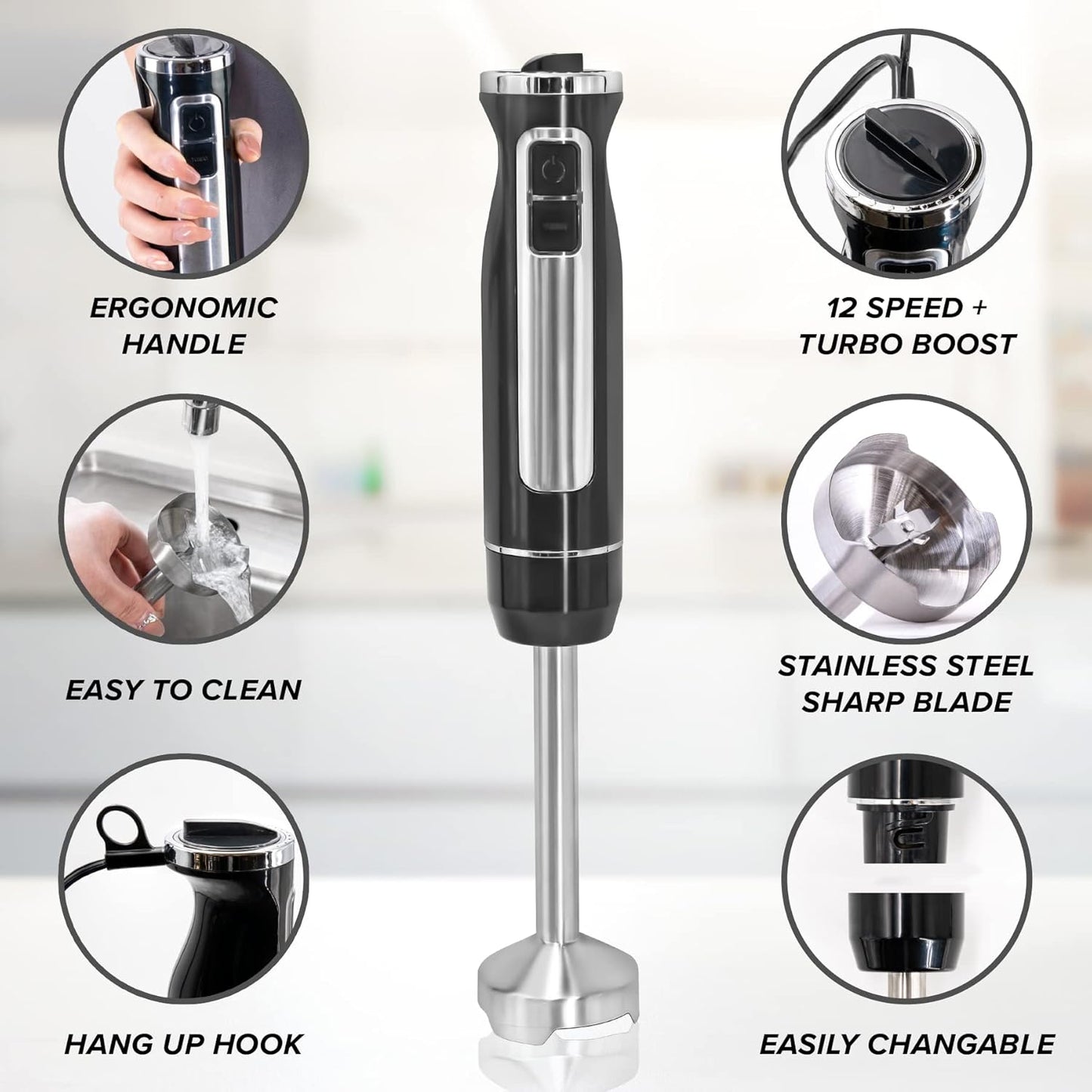 PowerLix Powerful Handheld Milk Frother With Stand Battery Operated Foam Maker Frother Wand For Coffee (A Black) (Hand Blender Set)