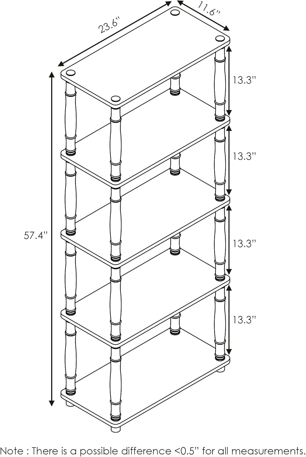 Furinno Turn-N-Tube 5-Tier Multipurpose Shelf / Display Rack / Storage Shelf / Bookshelf, Classic Tubes, Sonoma Oak/White