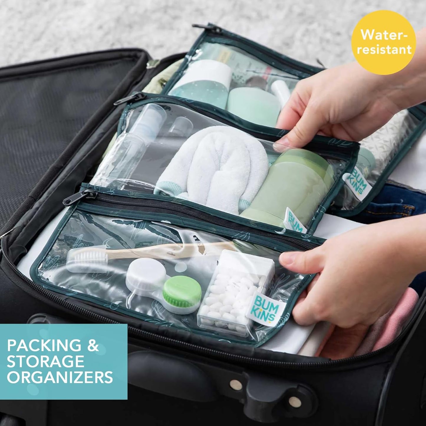 Bumkins Travel Bag, Toiletry, TSA Approved Packing Pouch, Zip Bag, Quart Size Airline Compliant, Clear-Sided, Set of 3 Sizes