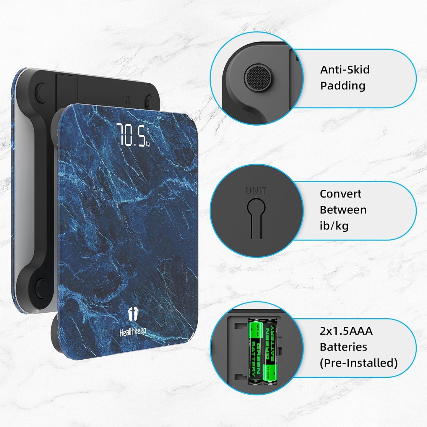 Healthkeep High Precision Digital Bathroom Scale with Step-On Technology LED Display Slim Design Max 180kg/400lb Marble Blue